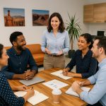 Kleine, internationale Lerngruppe mit motivierter Trainerin in modernem Seminarraum. Die Teilnehmenden tauschen sich engagiert aus und arbeiten mit Notizbüchern und Laptops – ideale Umgebung für Business-Konversationskurse.