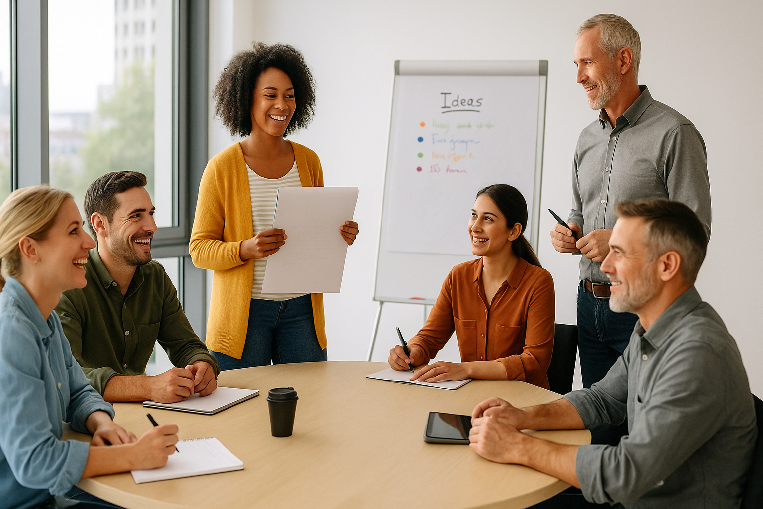 Motivierendes Kleingruppentraining für nachhaltige Lernerfolge im Unternehmen Ein engagiertes Kleingruppentraining mit maximal sechs Teilnehmern sorgt für intensive Interaktion, individuelle Förderung und nachhaltige Lernerfolge. Das Bild zeigt motivierte Mitarbeiter in einer dynamischen, modernen Lernumgebung.