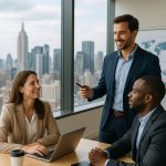 Drei Business-Profis im Gespräch in einem modernen Büro mit Stadtblick – eine Frau mit Laptop, zwei Männer im Anzug im Dialog vor einem Whiteboard mit Weltkarte. Das Bild symbolisiert internationale Zusammenarbeit, Teamkommunikation und globale Ausrichtung.