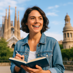 Junge Frau mit Kaffee und Notizbuch in einem sonnigen Straßencafé, sie lächelt und wirkt motiviert, im Hintergrund eine mediterrane Gasse.