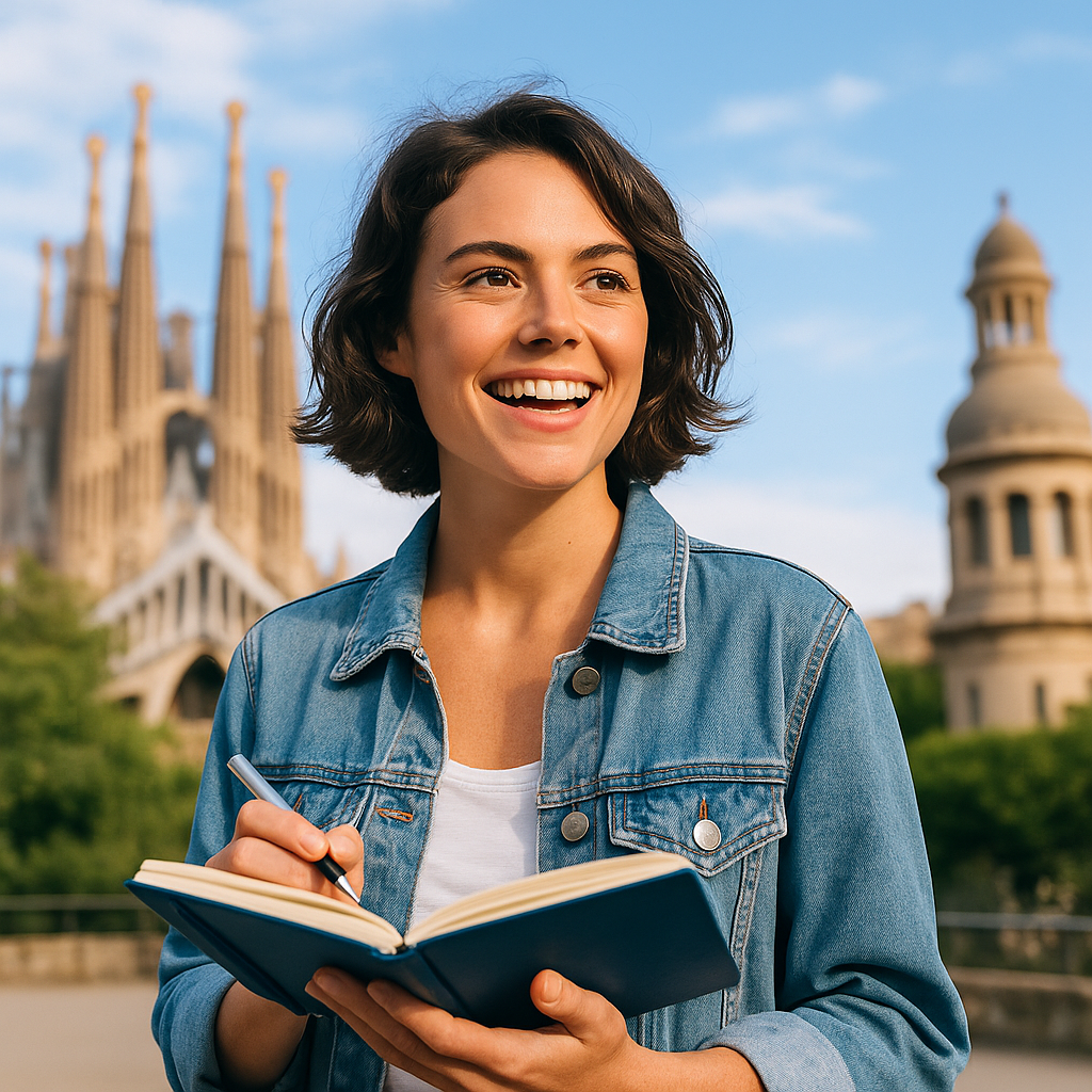 Website Privatunterricht Junge Frau mit Kaffee und Notizbuch in einem sonnigen Straßencafé, sie lächelt und wirkt motiviert, im Hintergrund eine mediterrane Gasse.