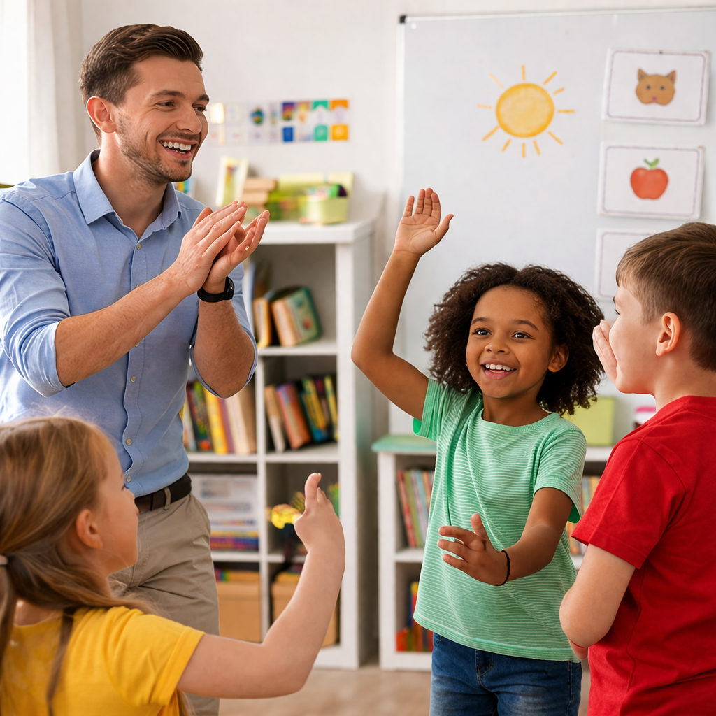 Englisch AG in der Grundschule: Lehrer begrüßt Grundschulkinder im Klassenraum mit Bewegung und ersten Sprachimpulsen. Spielerischer Einstieg in den Englischkurs fördert Aufmerksamkeit, Sprachgefühl und Freude am Mitmachen.