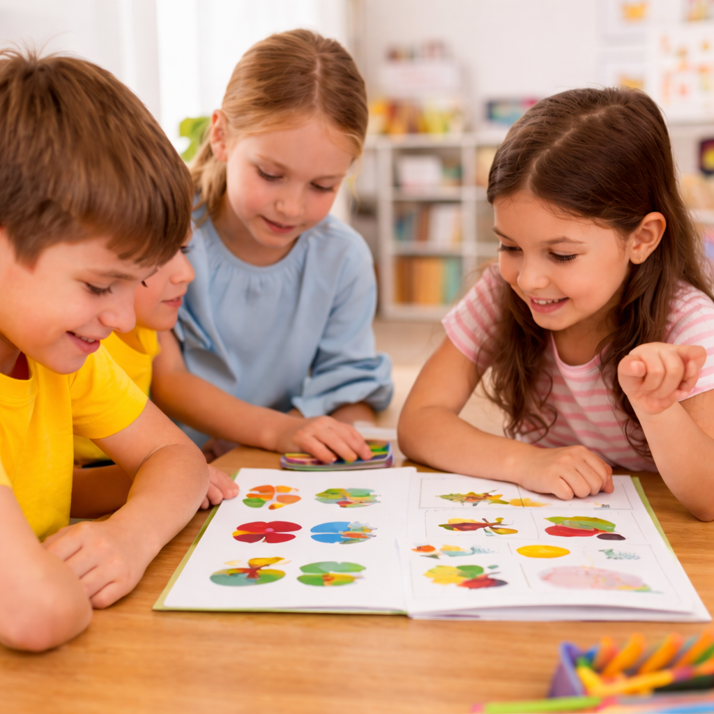 Grundschulkinder entdecken neues Englisch-Vokabular im Klassenraum. Spielerische Sprachförderung mit Bildmaterial, Hören und gemeinsamen Aufgaben stärkt Wortschatz, Sprachverständnis und Freude am Englischlernen.