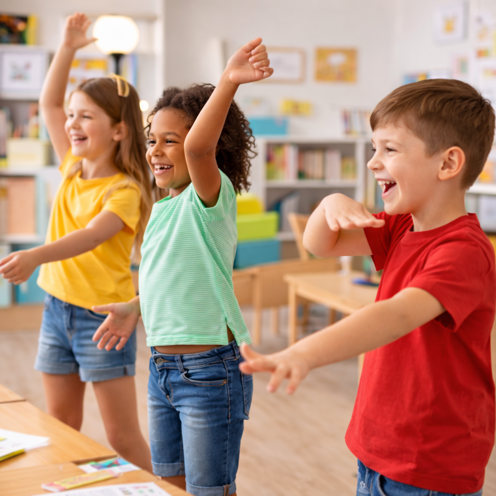 Kinder wenden Englisch aktiv an: Bewegung, Spiele und Sprechen im Kursraum fördern Sprachgefühl, Aussprache und Selbstvertrauen. Spielerischer Englischunterricht für Grundschüler mit viel Freude und aktiver Beteiligung.