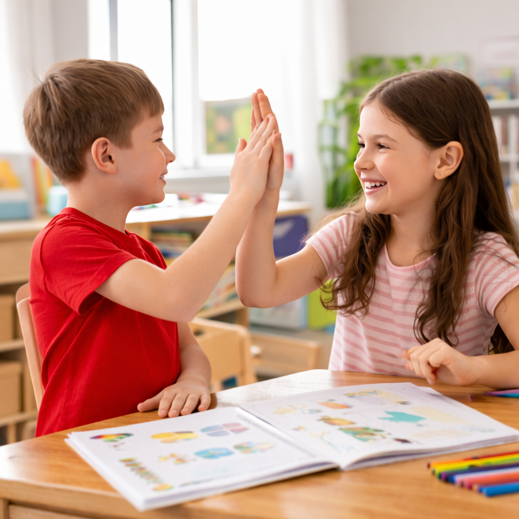 Grundschulkinder festigen Englisch spielerisch im Kursraum. Gemeinsame Wiederholung, positive Lernerlebnisse und aktive Mitarbeit helfen dabei, Wortschatz, Satzstrukturen und Sprachsicherheit nachhaltig zu stärken.