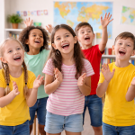 GS_Singen mit Bewegung Grundschulkinder singen und bewegen sich im Englischkurs: Spielerische Sprachförderung für Kinder von 6 bis 10 Jahren mit Liedern, Bewegung und aktiver Gruppenarbeit im Kursraum. Fröhliches Lernen stärkt Sprachgefühl, Aufmerksamkeit und Freude an Sprachen.