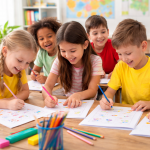 GS_Worksheet Grundschulkinder lernen Englisch mit Arbeitsblättern im Kursraum: Spielerische Sprachförderung für Kinder von 6 bis 10 Jahren mit Schreibübungen, Wortschatztraining und fröhlicher Gruppenarbeit in einer motivierenden Lernatmosphäre.