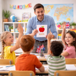 Englisch AG in der Grundschule: Lehrer unterrichtet Kinder im Klassenzimmer spielerisch mit Lernkarte, aktiver Beteiligung und altersgerechter Sprachförderung. Englisch lernen für Grundschüler direkt in der Schule mit Spaß und Struktur.