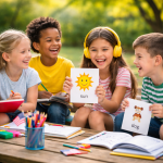 Fröhliche Kindersprachkurse für Grundschüler: Kinder von 6 bis 10 Jahren lernen spielerisch Englisch mit Karten, Übungen und gemeinsamer Aktivität im Freien. Sprachförderung, Spaß und frühes Fremdsprachenlernen in kleiner Gruppe.