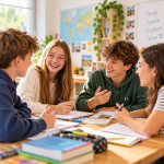 Unterstützende Sprachkurse Vier Jugendliche lernen gemeinsam in einer kleinen Gruppe, tauschen sich aus und lachen. Die lebendige Lernatmosphäre fördert Kommunikation, Selbstvertrauen und Freude am Lernen. Ideal für Sprachnachhilfe und Sprachkurse für Schüler.