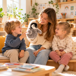 Fröhliche Puppenspielstunde im Lesebereich Spielerischer Kindersprachkurs für Kinder von 3 bis 4 Jahren: Eine Kursleiterin begeistert zwei Kleinkinder mit einer Pinguin-Handpuppe. Frühkindliche Sprachförderung mit Spaß, Fantasie und Freude am Englischlernen in einem gemütlichen Lernatelier.