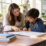 Gemeinsam lernen am Küchentisch Individuelle Nachhilfe im Einzelunterricht: Eine Lehrkraft erklärt einem Schüler geduldig eine Aufgabe. Gezielte Lernförderung in ruhiger Atmosphäre stärkt Sprachkenntnisse, Verständnis und Selbstvertrauen und unterstützt bessere schulische Leistungen.