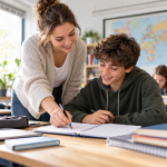 Individuelle Nachhilfe für Jugendliche: Eine freundliche Lehrkraft erklärt einem Schüler geduldig eine Aufgabe im Heft. Persönliche Lernförderung im Einzelunterricht stärkt Verständnis, Selbstvertrauen und Motivation in entspannter Lernatmosphäre.