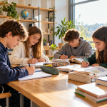 Vier Schüler im Alter von 11 bis 15 Jahren lernen konzentriert gemeinsam an einem Holztisch in einem hellen, modernen Lernatelier. Offene Bücher, Hefte und Federmäppchen schaffen eine ruhige, motivierende Atmosphäre für Nachhilfe und Sprachförderung.