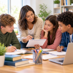Gemeinsames Lernen am Tisch Jugendliche lernen gemeinsam am Tisch: Ein Coach erklärt lächelnd Inhalte auf einem Block, während drei bis vier Schüler konzentriert mitarbeiten. Motiv für Nachhilfe, Lerncoaching und gezielte Förderung in entspannter, moderner Lernatmosphäre.