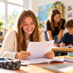 Glückliche Schülerin freut sich über eine sehr gute Note auf ihrer Klassenarbeit. Der Lernerfolg durch gezielte Nachhilfe stärkt Selbstvertrauen und Lernmotivation. Im Hintergrund unterstützt eine Lehrkraft einen weiteren Schüler.
